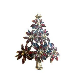 Vintage Lia Christmas Tree Brooch Red Green Crystal Gold Copper Tone
